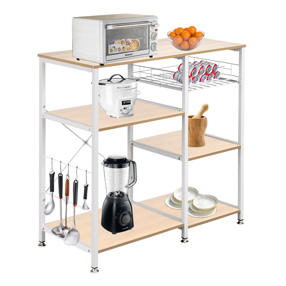 Metal Storage Shelves， Microwave Oven Stand Storage Cart Storage Shelf， X-shaped Metal Shelving with 5 Hanging Hook， Round Corner， Adjustable Feet， Pull-out Basket， 3-Tier Shelves， Natural， Q4502