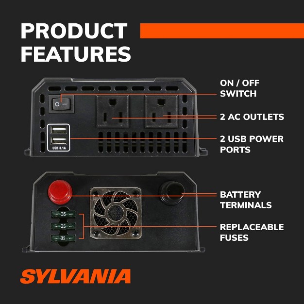 Sylvania 750w Continuous 1000w Peak Power Inverter dc 12v To 110v Ac Power Car Rv Converter 2 Usb Ports 5v Dc 3 1a Shared Lcd Display 12v Plug With Replaceable Fuse For Laptop Camera Etc