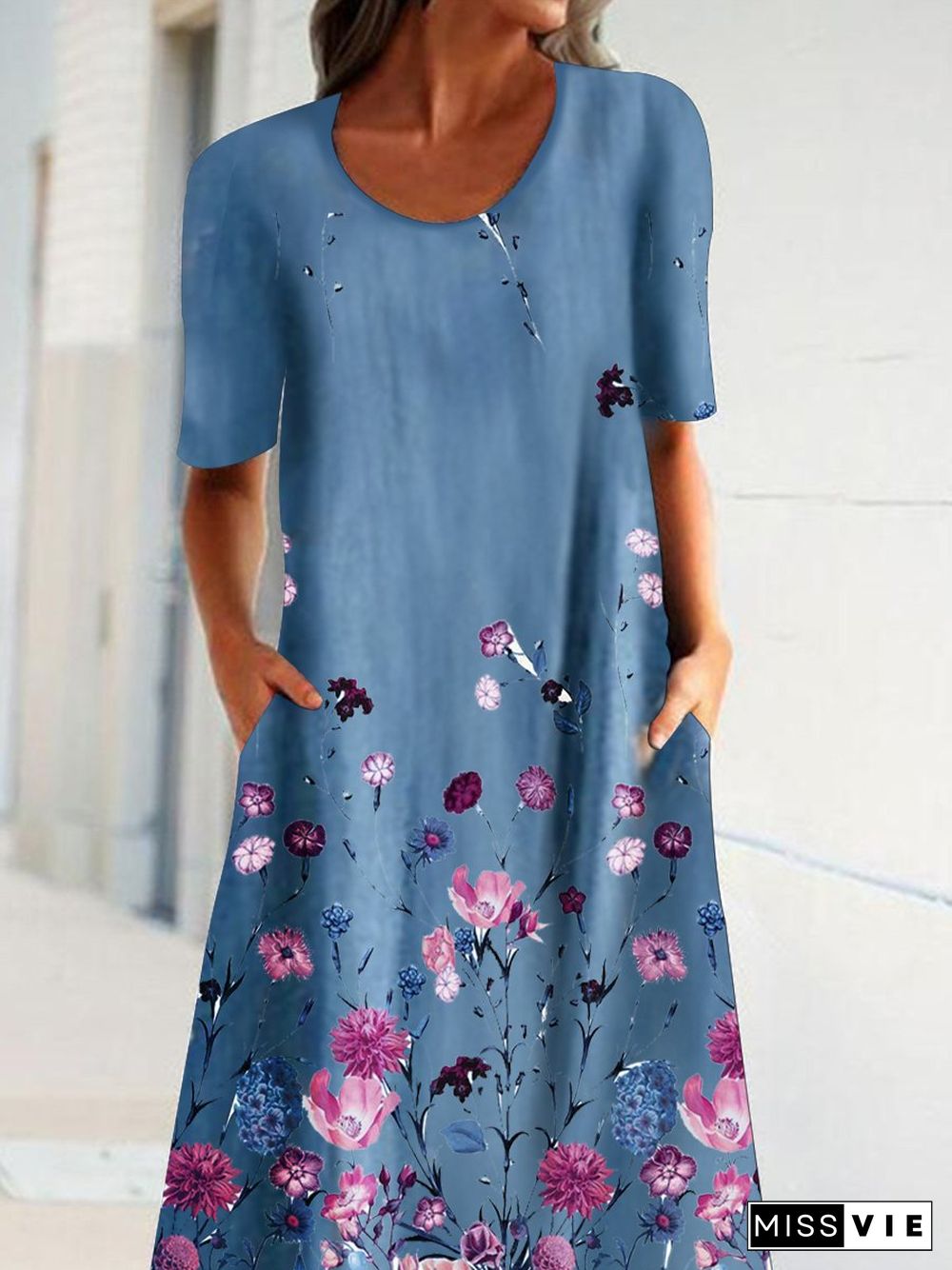 Short Sleeve Crew Neck Polyester Cotton Outdoor Weaving Dress