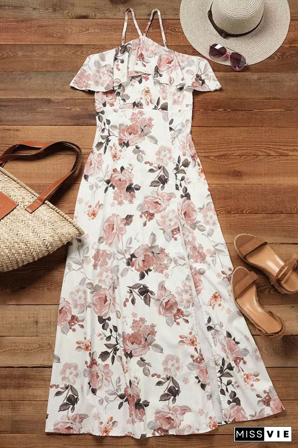 White Floral Slit Ruffled Halterneck Maxi Dress