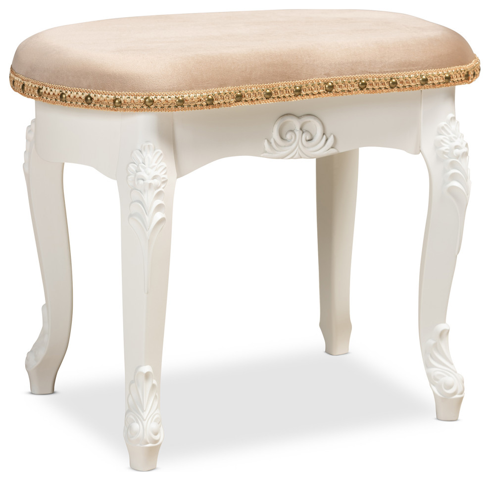 Giselle French Inspired Velvet Fabric Wooden Ottoman  White   Victorian   Footstools And Ottomans   by Urban Designs  Casa Cortes  Houzz