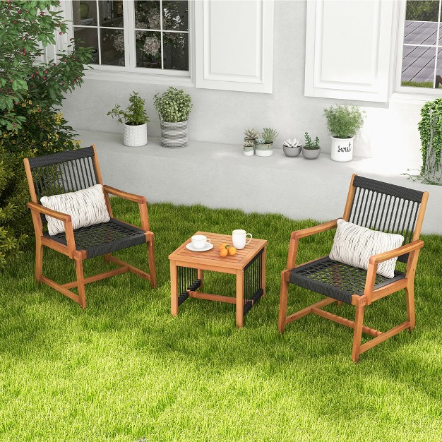 Tangkula 3 Pcs Solid Acacia Wood Patio Set All weather Rope Woven Chair Garden Poolside