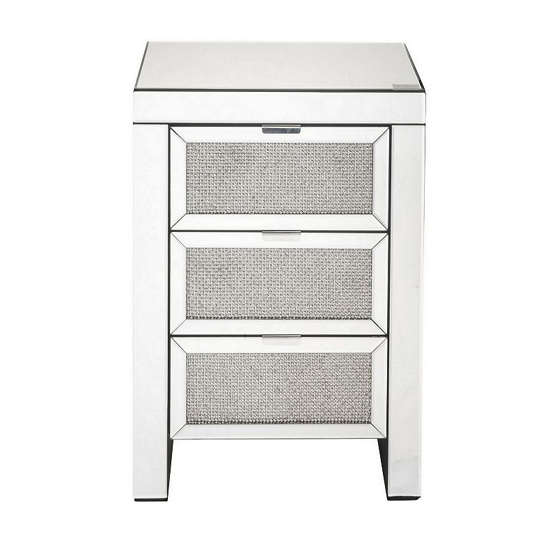 3 Drawer Beveled Mirrored Accent Table with Faux Diamond Inlay， Silver