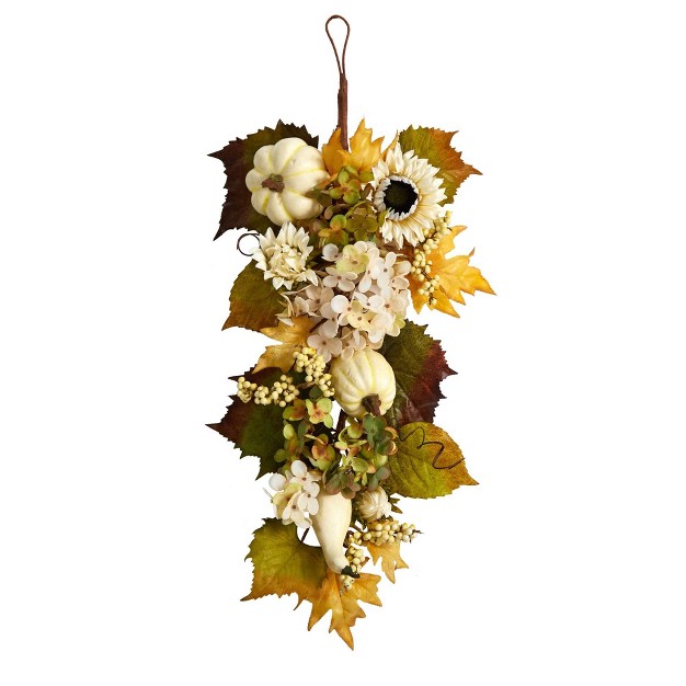 Nearly Natural 33 Fall Sunflower Hydrangea And White Pumpkin Artificial Autumn Teardrop