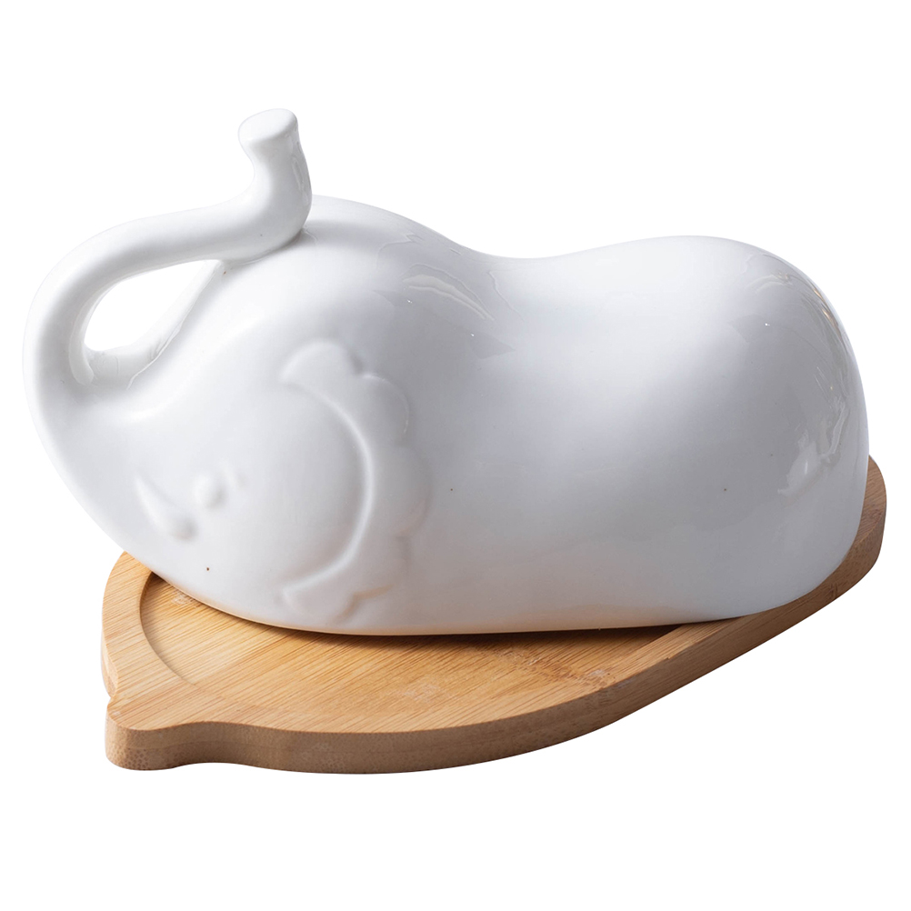 Elephant Shape Butter Dish with Ceramic Lid Simple Wooden Plate Household Tableware for Home Hotel