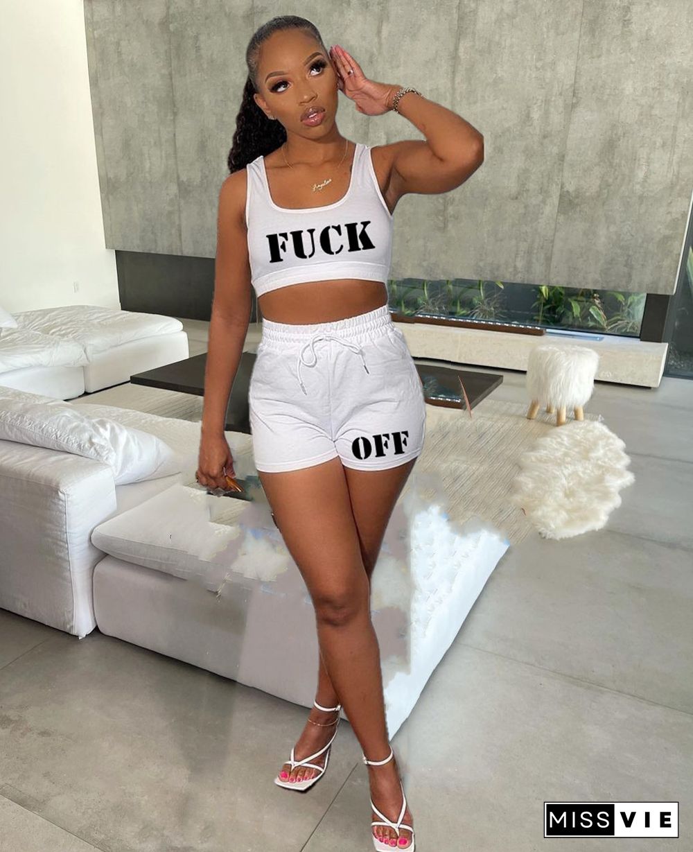 Letter Print Vest Crop Top Biker Shorts Set