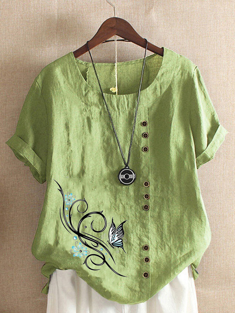 Round Neck Casual Loose Butterfly Print Short Sleeve Blouse