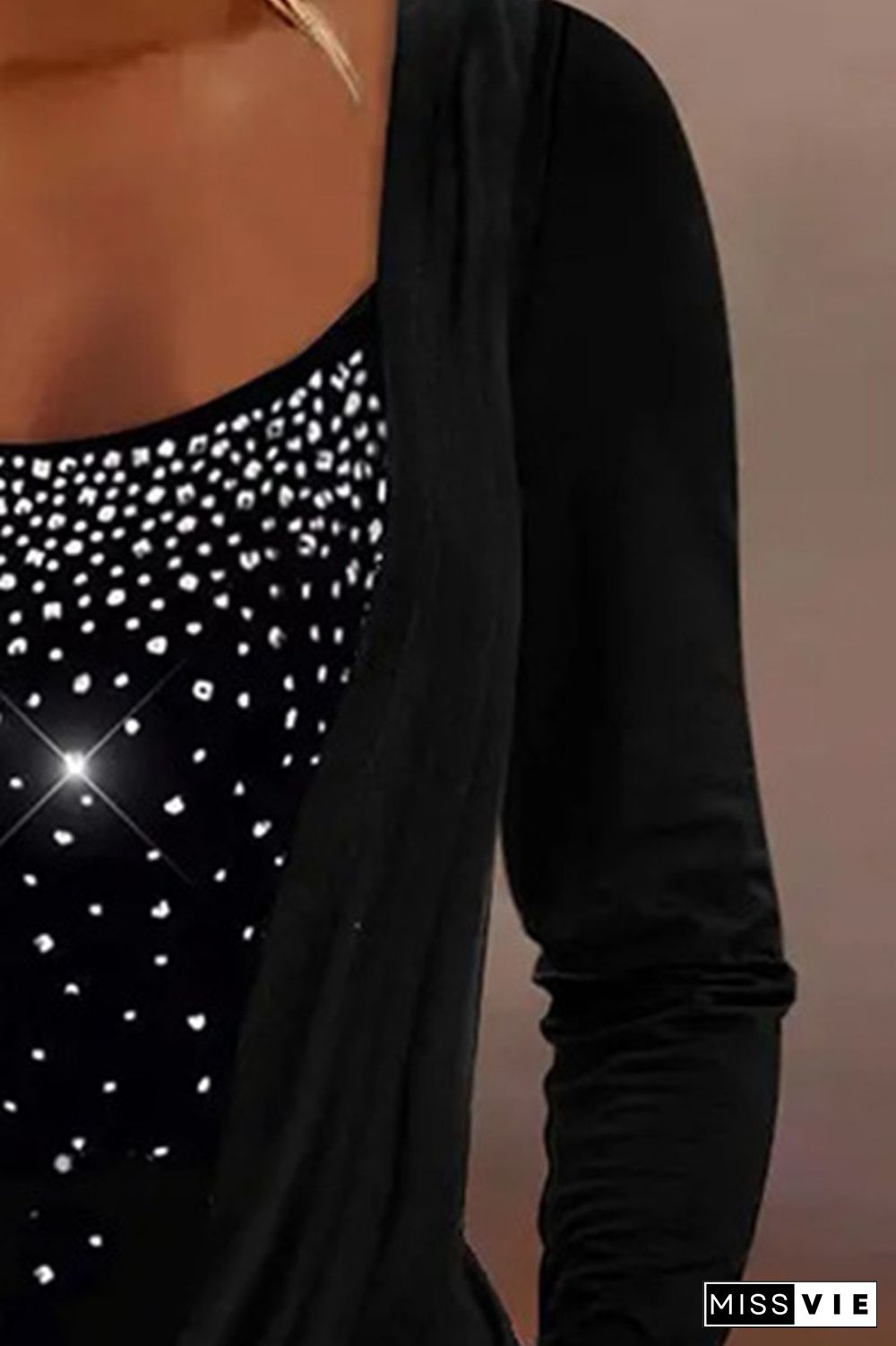 Rhinestone Decor Draped Long Sleeve T-Shirt