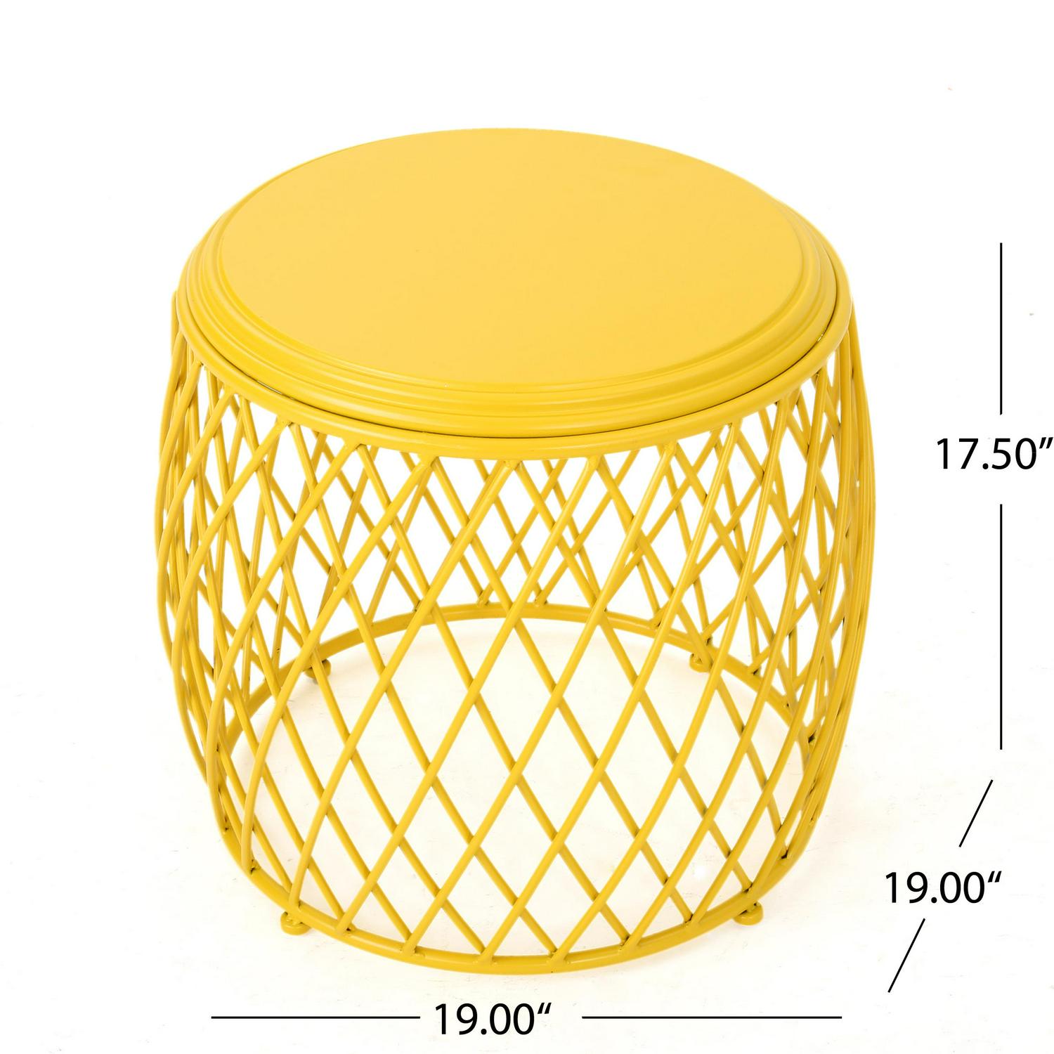 Alameda Outdoor 19 Inch Diameter Lattice Iron Side Table， Matte Yellow