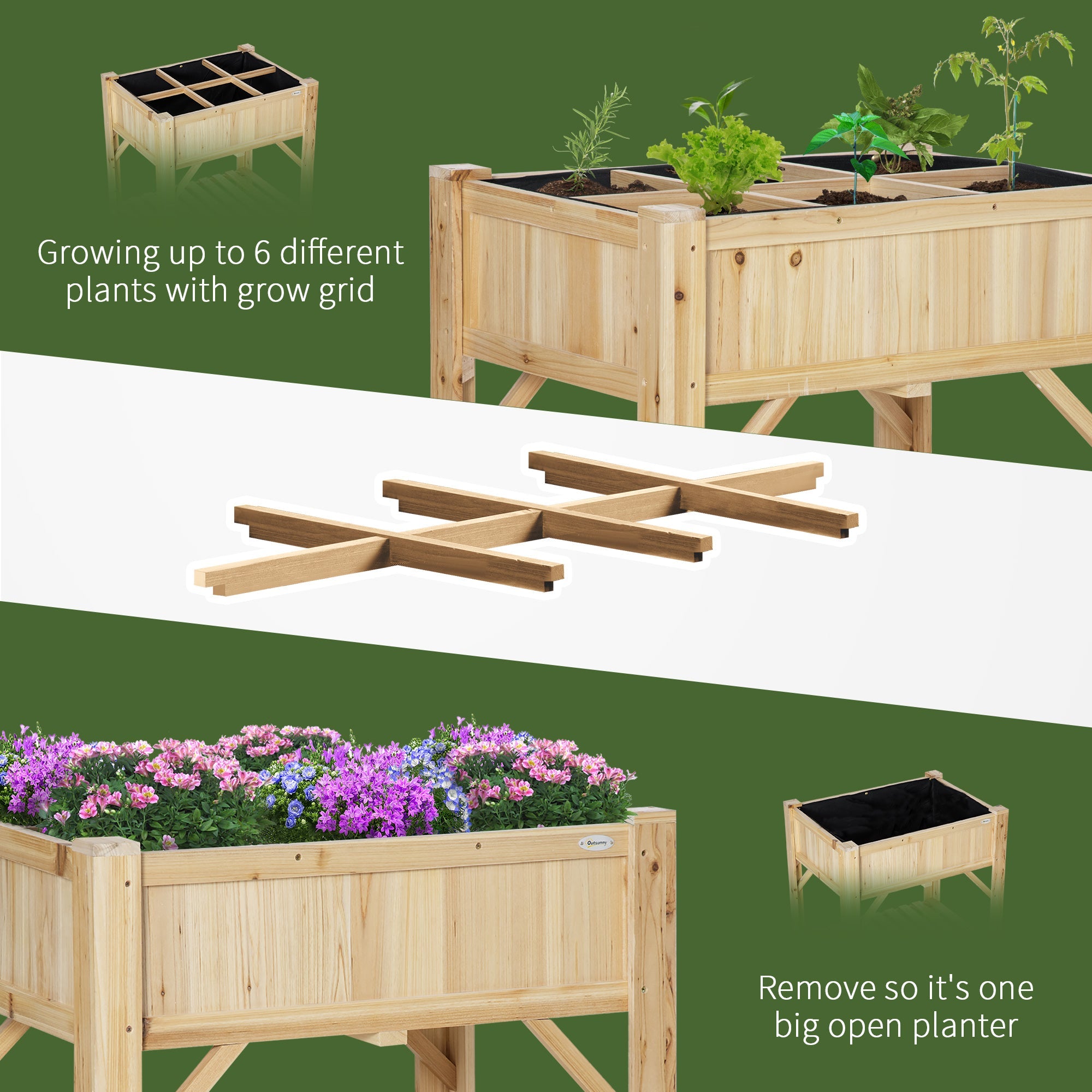 Outsunny Raised Garden Bed, Wood 6 Grid, 31" x 23" with Storage Shelf, Water Draining, Planter Box for Vegetables, Flowers, Herbs, Patio