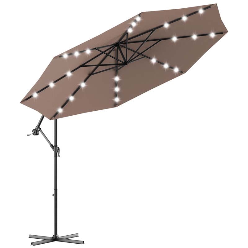 10 FT Offset Patio Umbrella with Solar LED Lights & Cross Base, Large Outdoor Cantilever Umbrella for Sun Rain