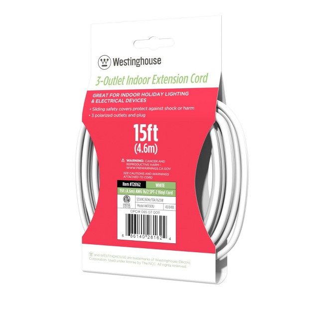 Westinghouse 28162 15 Feet Holiday Decor 3 outlet Indoor Extension Cords White