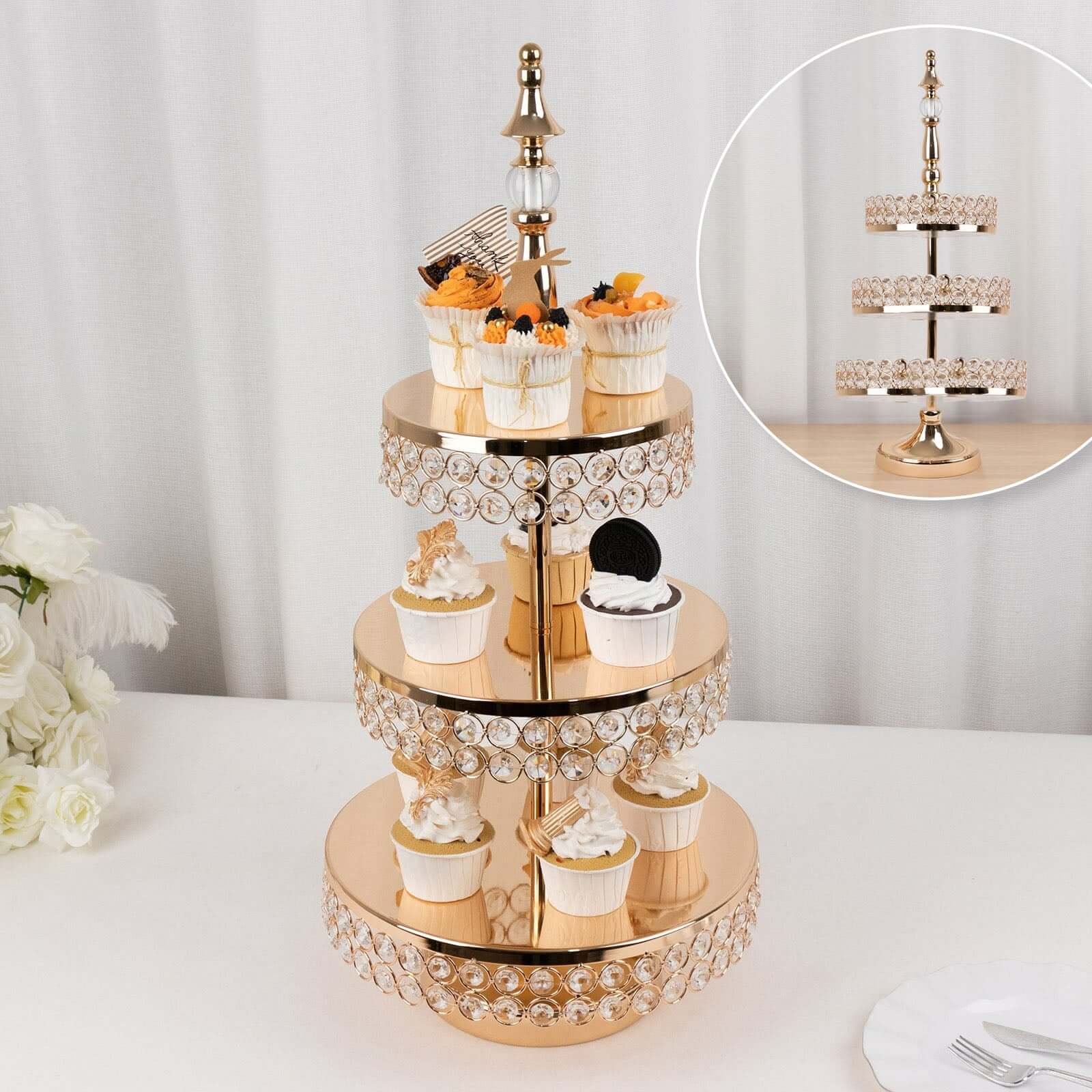 3-Tier Crystal Beaded Gold Metal Cake Stand, Cupcake Tower Dessert Display Stand with Round Mirror Top - 26