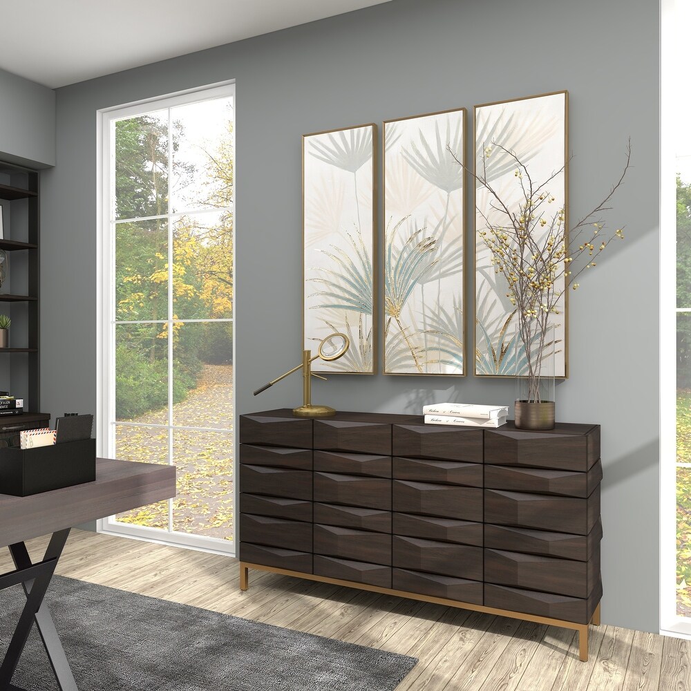 Brown Canvas Palm Leaf Framed Wall Art with Gold Frame (Set of 3)