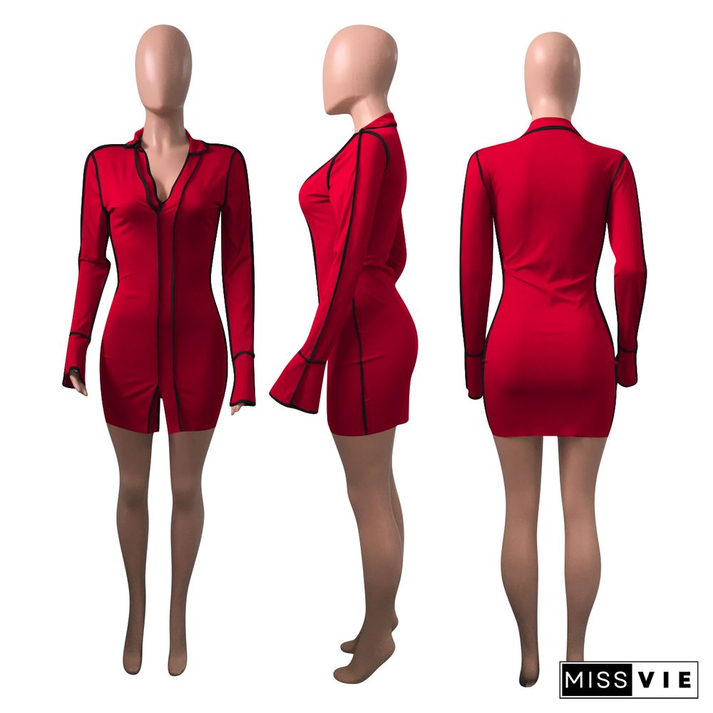 Sexy Contrast Stitch Rib Knit V Neck Long Sleeve Bodycon Dresses