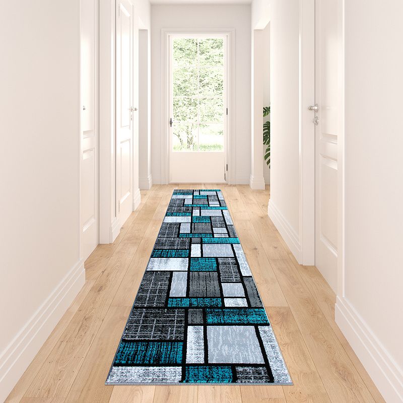 Masada Rugs Masada Rugs Stephanie Collection Design 1110 2'x11' Modern Contemporary Area Rug in Turquoise， Gray， Black and White