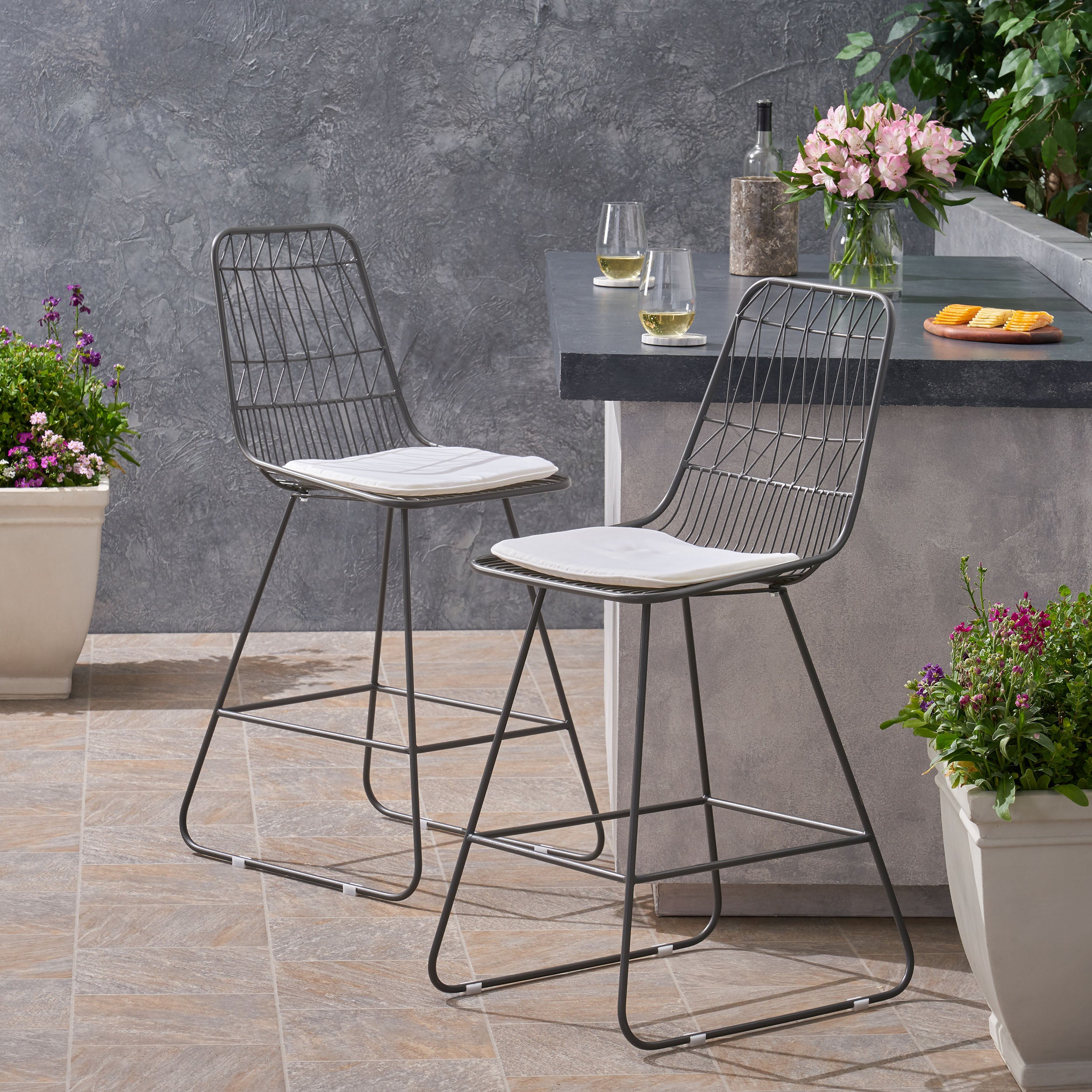 Hedy Outdoor Wire Counter Stools with Cushions (Set of 2)