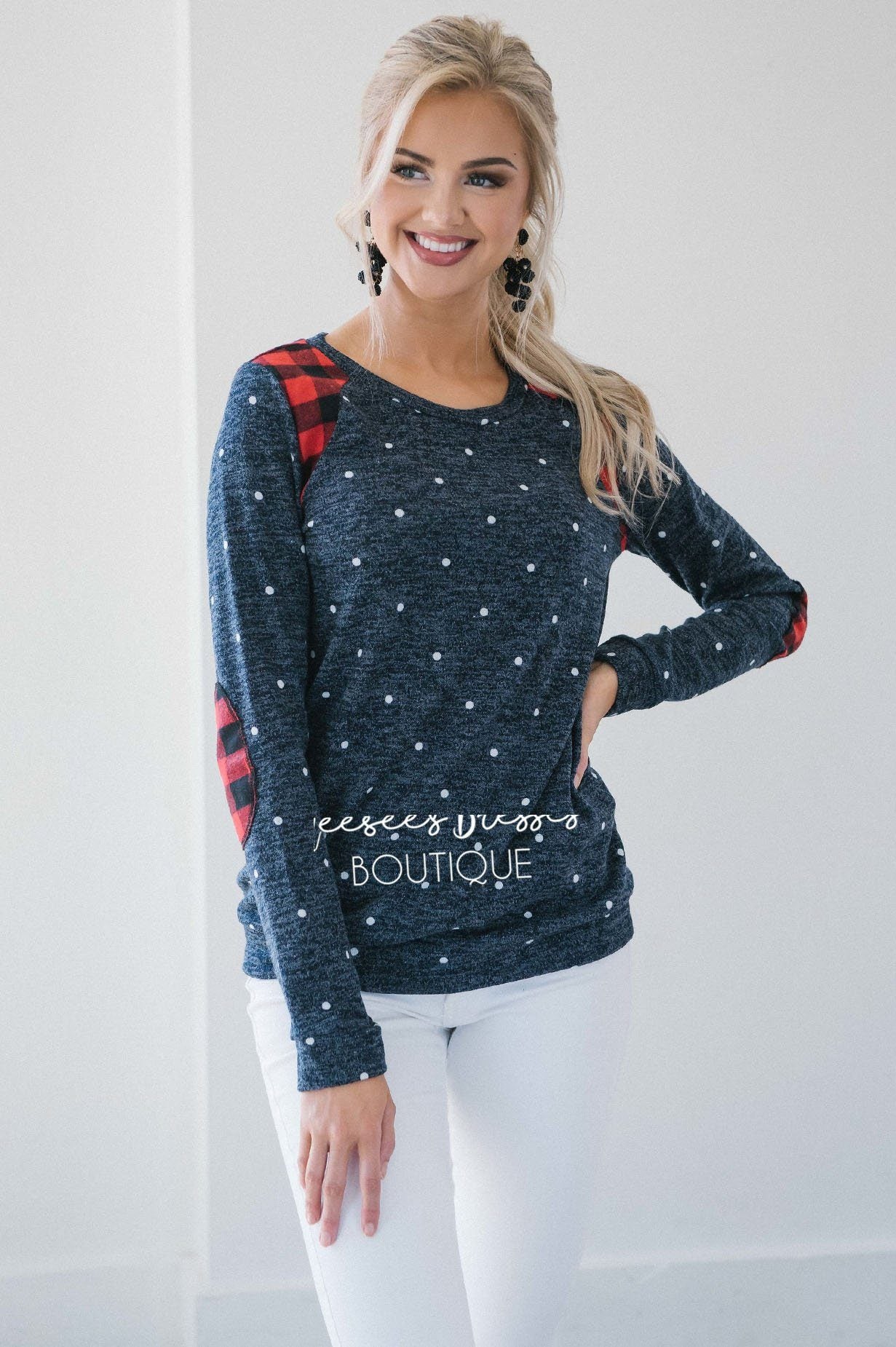 Polka Dot & Plaid Elbow Patch Top