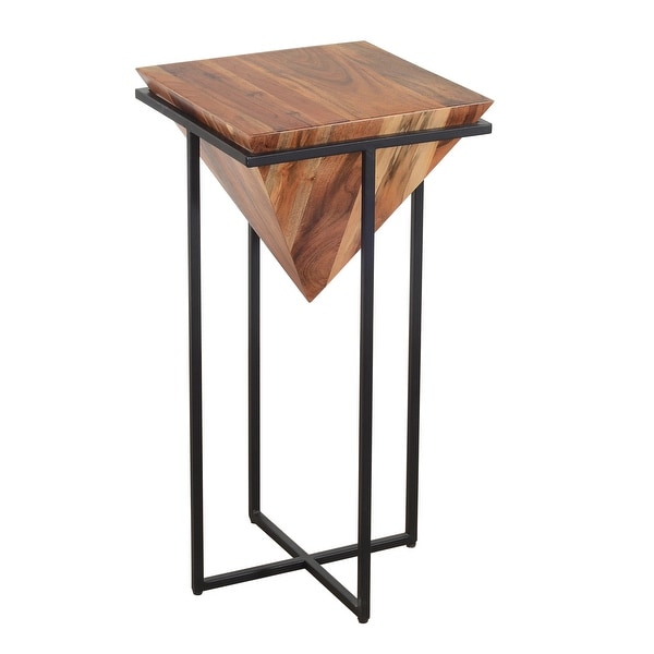 30 Inch Pyramid Shape Wooden Side Table With Cross Metal Base， Brown and Black