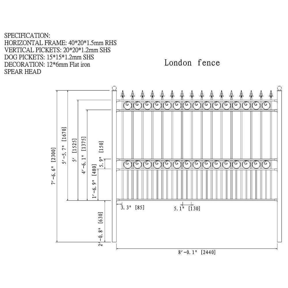 ALEKO London Style 5 ft. x 8 ft. Black Iron Fence Panel FENCELON-HD