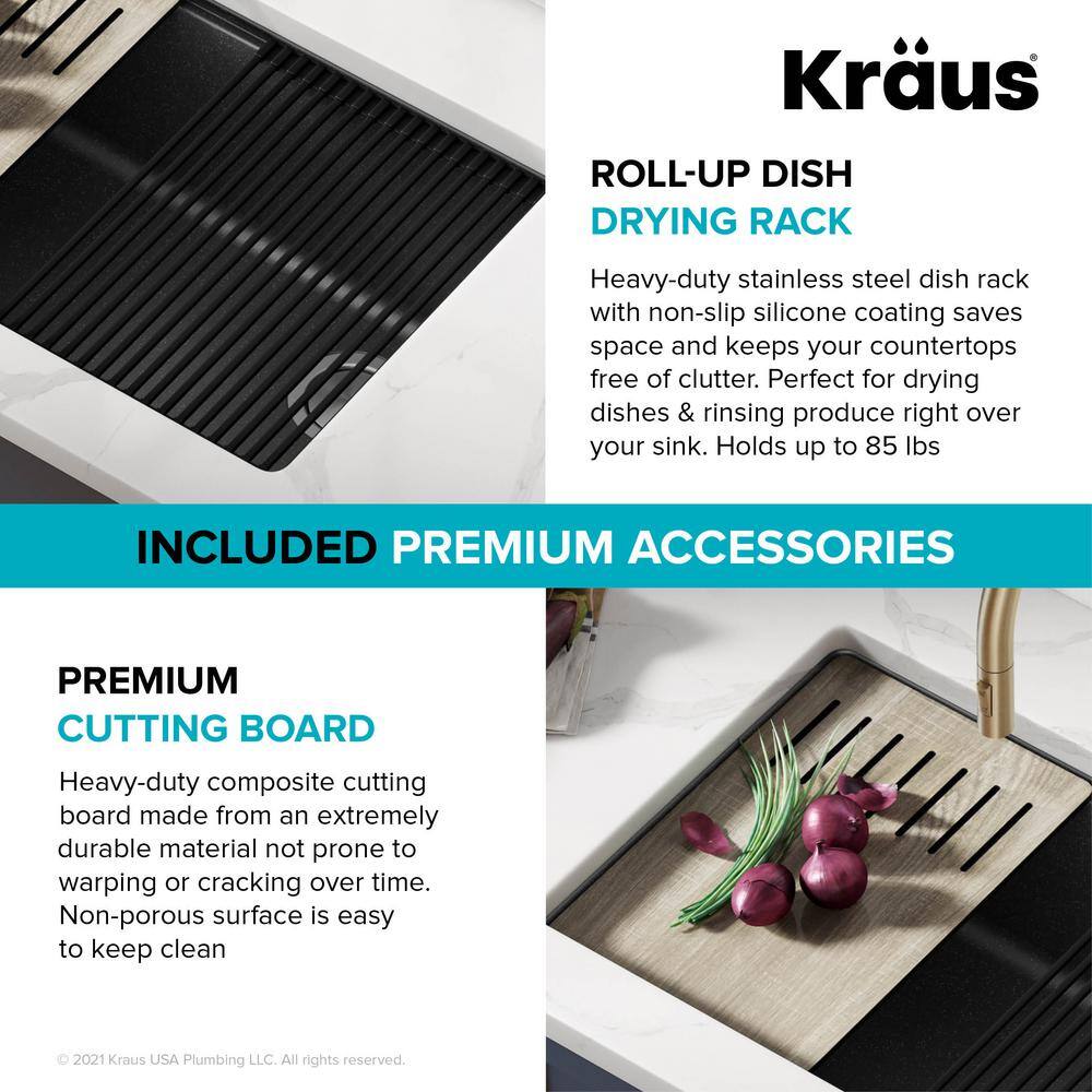 KRAUS Bellucci Black Granite Composite 30 in. Single Bowl Undermount Workstation Kitchen Sink with Accessories KGUW2-30MBL