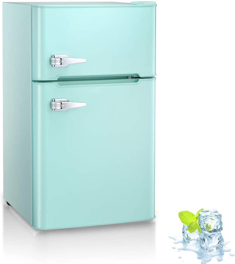 3.2 Cu.ft Compact Double Door Refrigerator with Freezer, Freestanding Mini Fridge with Top Door Upright Freezer for Home,Dorm,Office or RV with Removable Glass Shelves (Green)