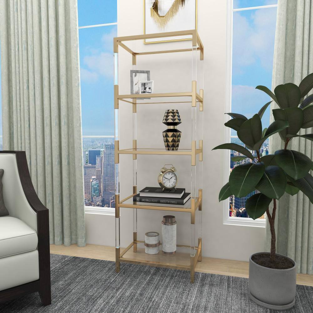 Litton Lane 5 Shelves Acrylic Stationary Gold Shelving Unit with Clear Glass Top and Acrylic Legs 56936