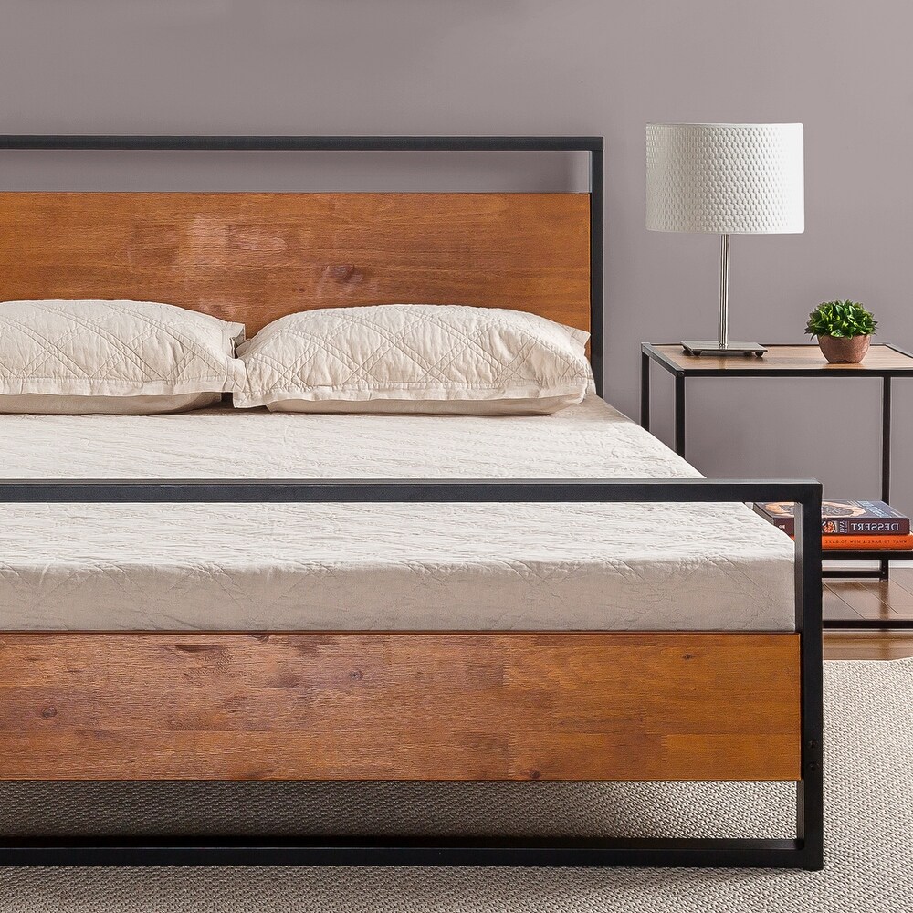 Priage by Zinus Chestnut Brown Metal and Wood Platform Bed with Headboard and Footboard