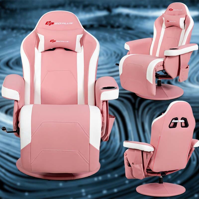 PU Leather Massage Gaming Chair, Ergonomic High Back Racing Style Gaming Recliner with Adjustable Backrest & Footrest, Cup Holder, Side Pouch