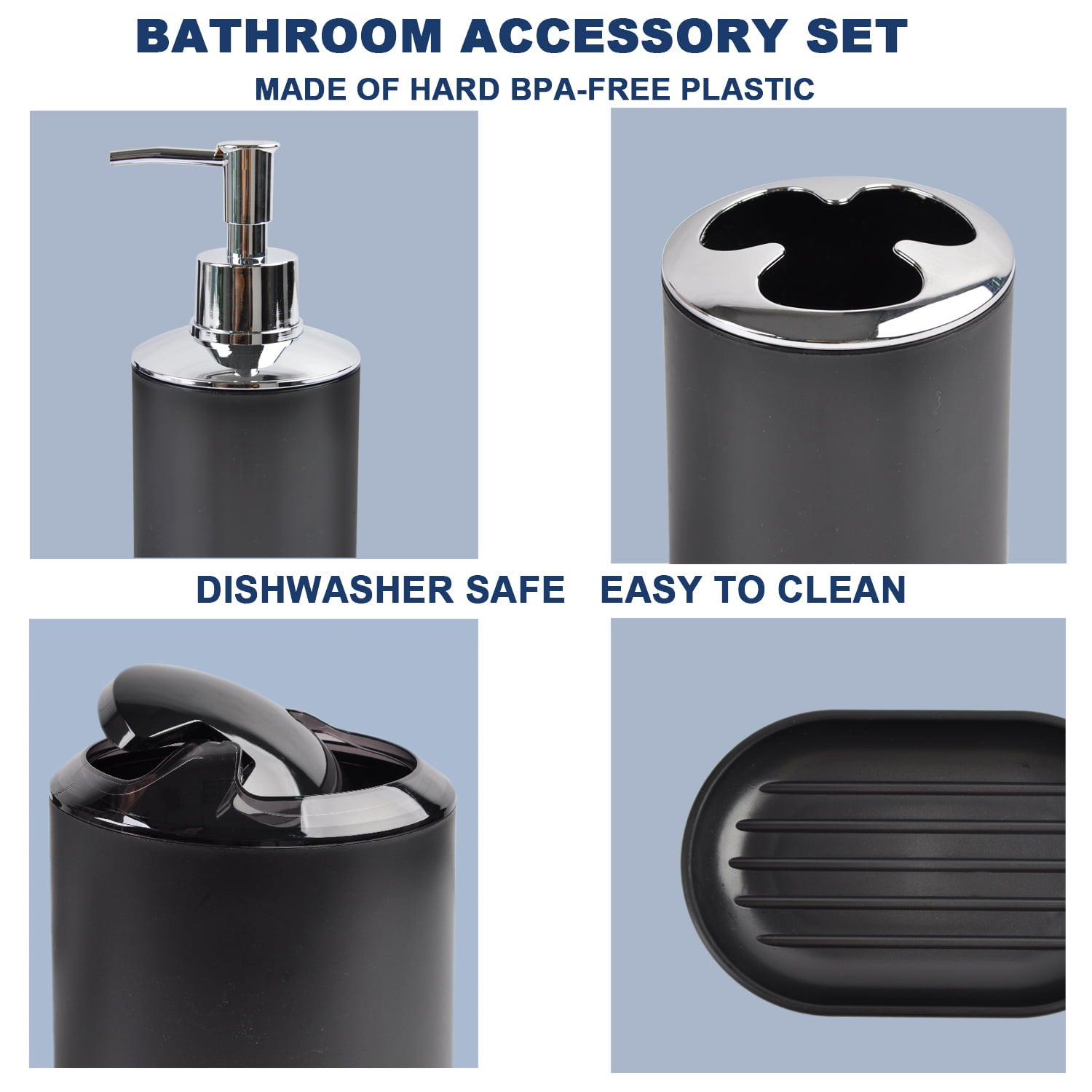 Bathroom Accessories Set 6 Piece Bath Ensemble with Smooth Surface Includes Soap Dispenser， Toothbrush Holder， Toothbrush Cup， Soap Dish for Decorative Countertop and Housewarming Gift， Black