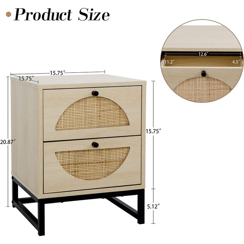 Modern Minimalism Rattan Nightstand  Wood Bedside Table with Two Drawers  Boho End Table  Side Table for Living Room  Bedroom