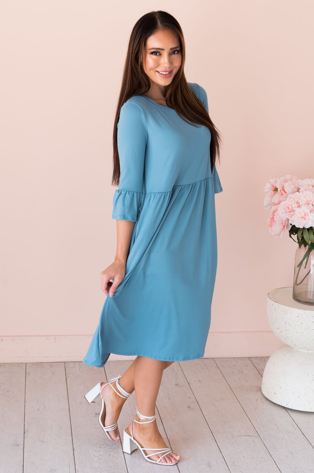 Zadie gray steel blue trumpet sleeves round neck dress