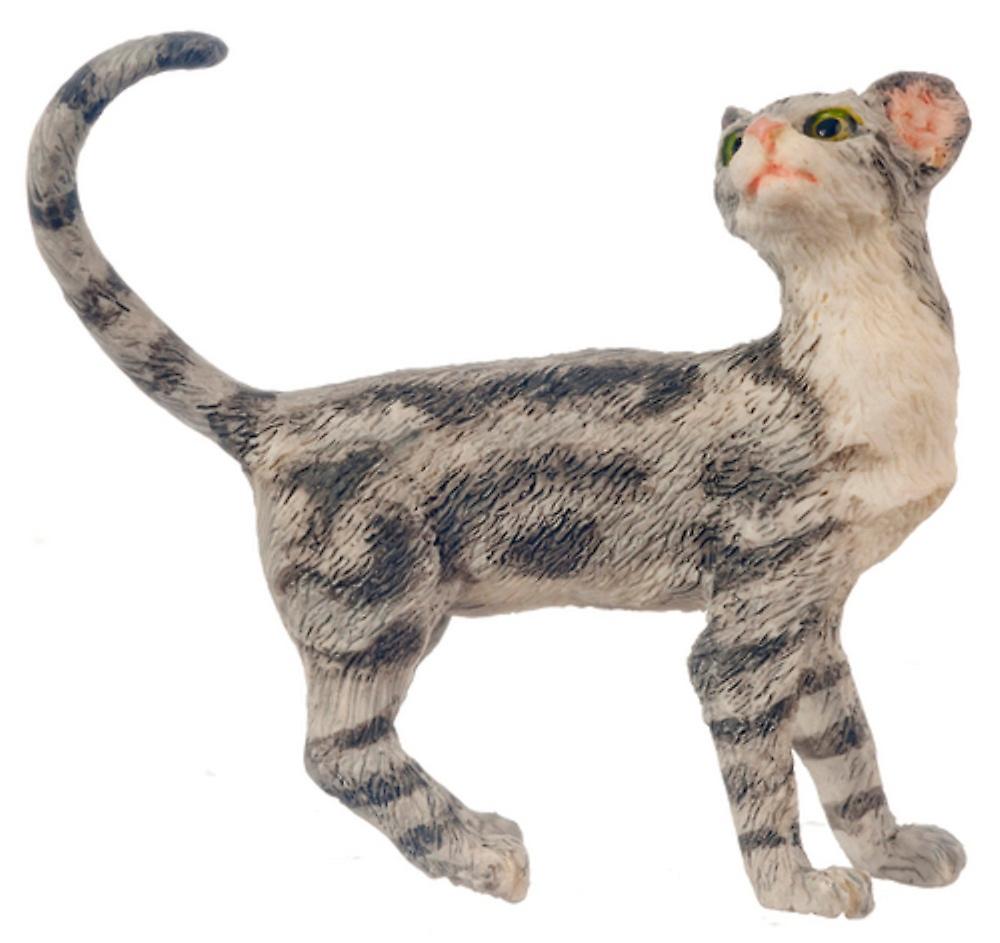 Dolls House Grey Cat Standing Looking Back Tail Curl 1:12 Pet