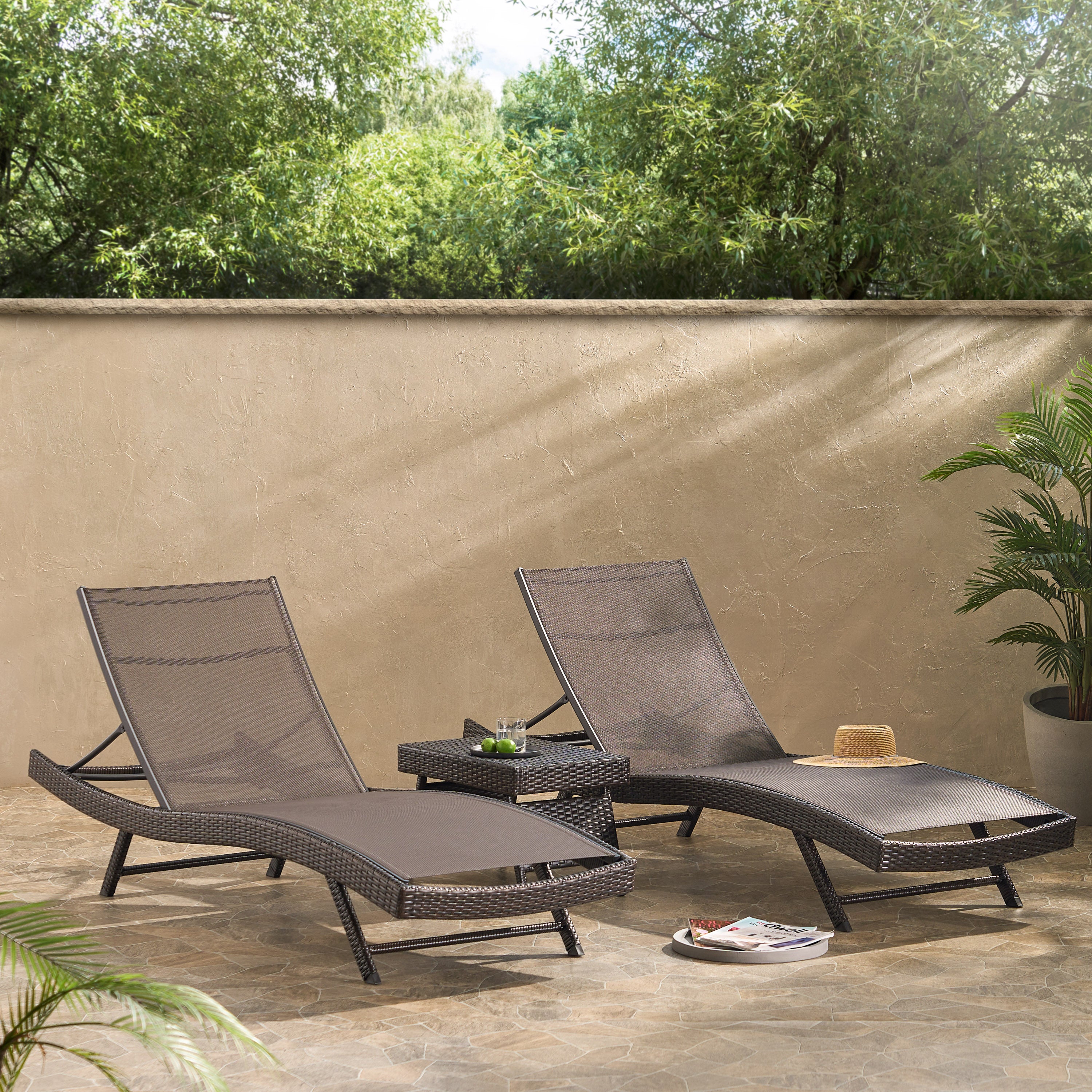 Burnham Outdoor 3pc Brown Mesh Chaise Lounge Chairs Set