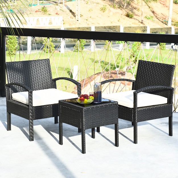 Costway 3pcs Patio Rattan Furniture Set Table amp Chairs Set With Cushions Outdoor