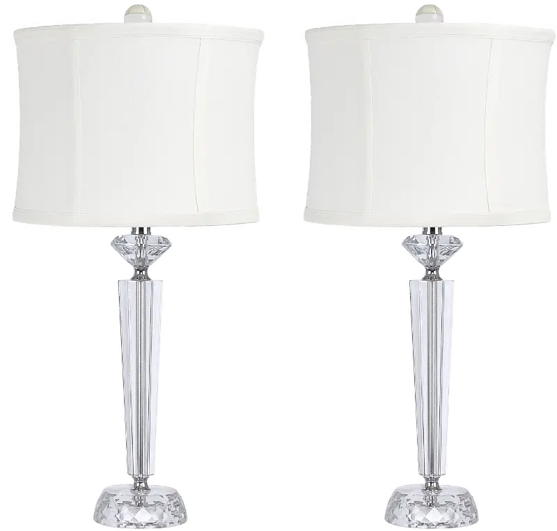 Diamond Pillar Table Lamps with Off-White Linen Shades， Set of 2