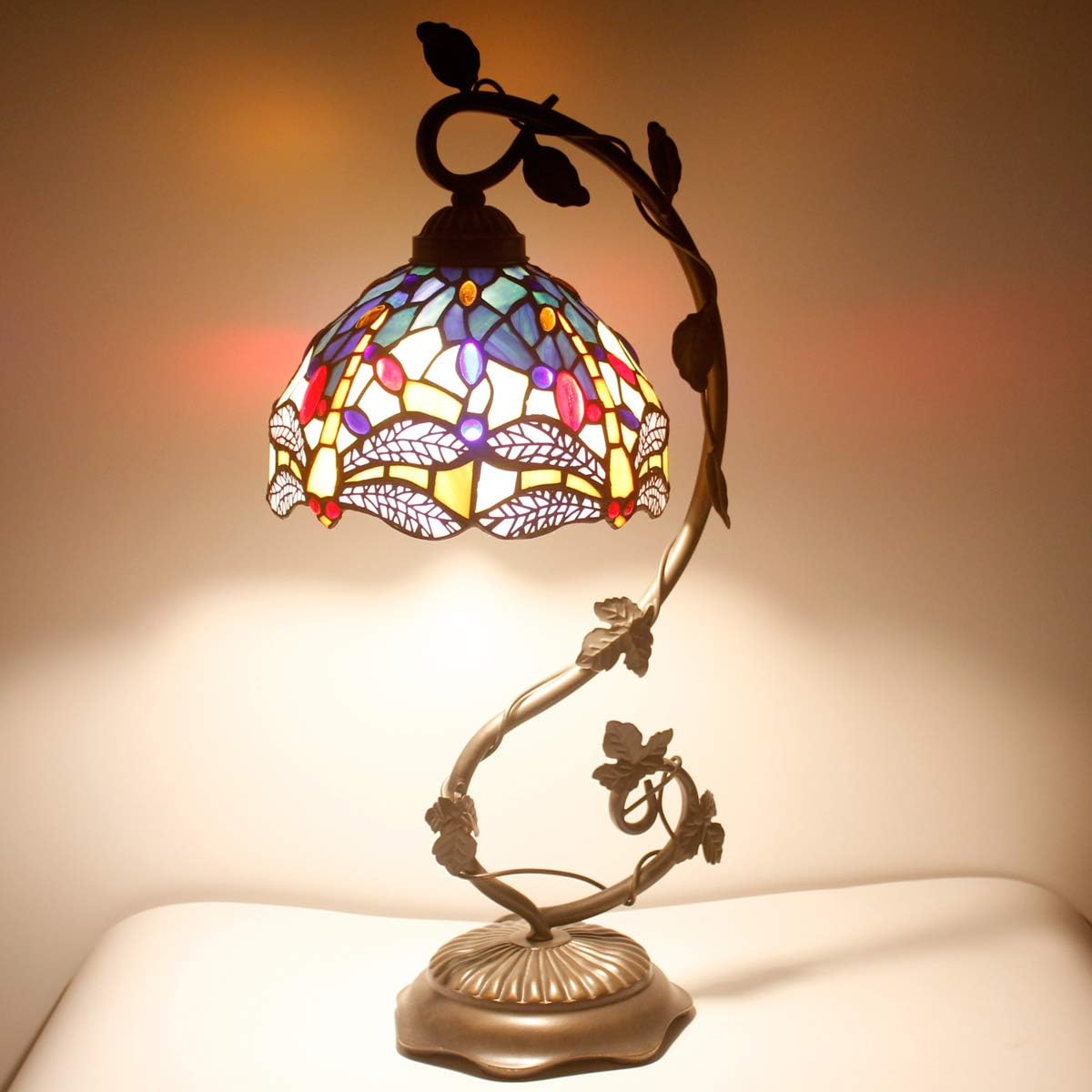 GEDUBIUBOO Tiffany Lamp Stained Glass Table Lamp Blue Yellow Dragonfly Style Desk Light Metal Leaf Base 8X10X21 Inches Decor Small Space Bedroom  Office S128 Series