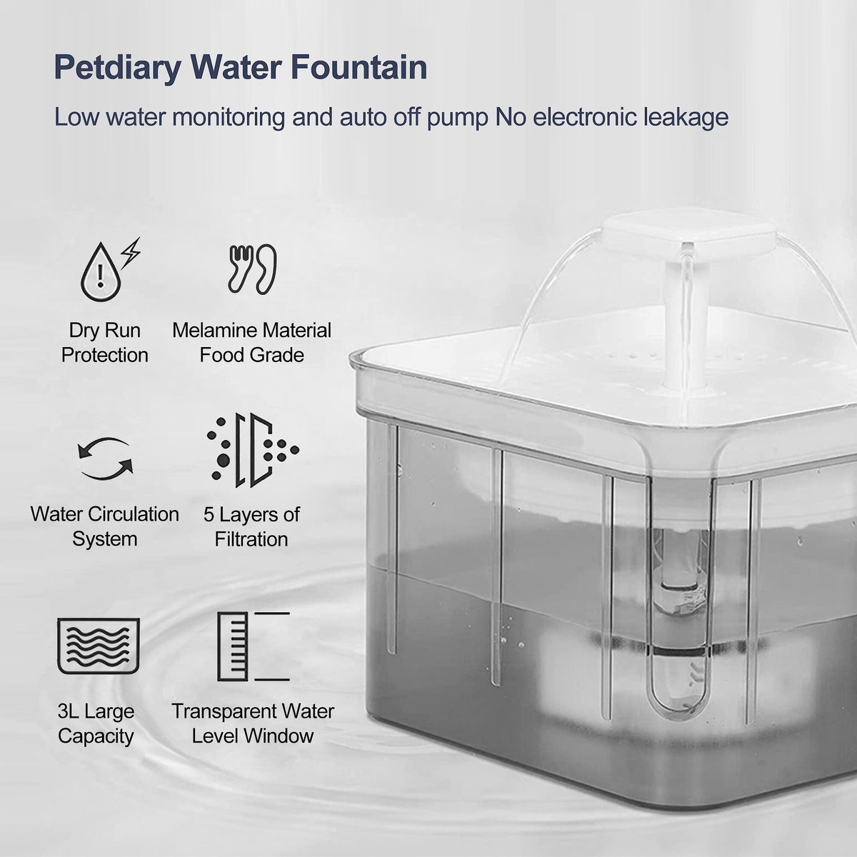 Petdiary Automatic Cat Water Fountain， White， Medium