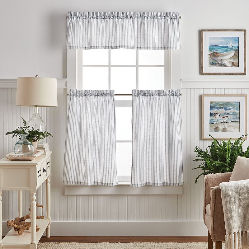 Martha Stewart Ticking Stripe Rod Pocket Top Tier and Valance Window Curtain Panels