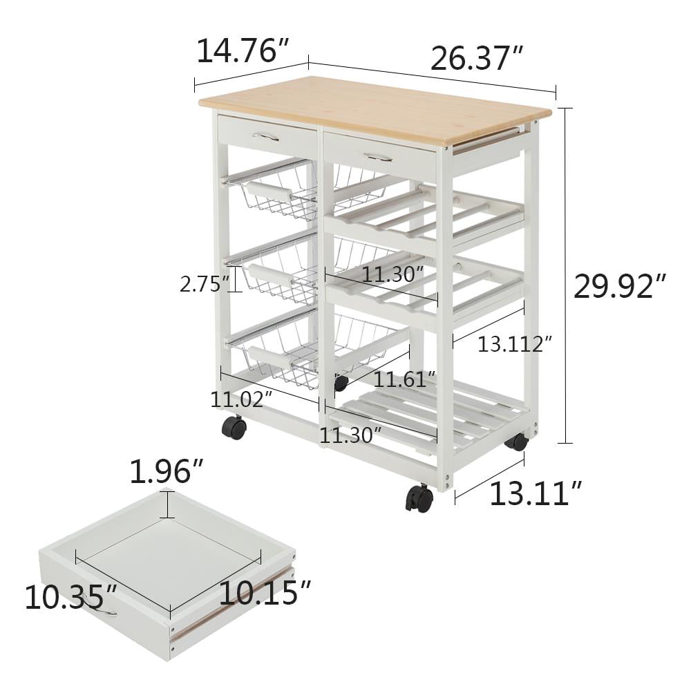 GoDecor Rolling Kitchen Trolley Cart Island， Wood Kitchen Cart with Two Drawers，White