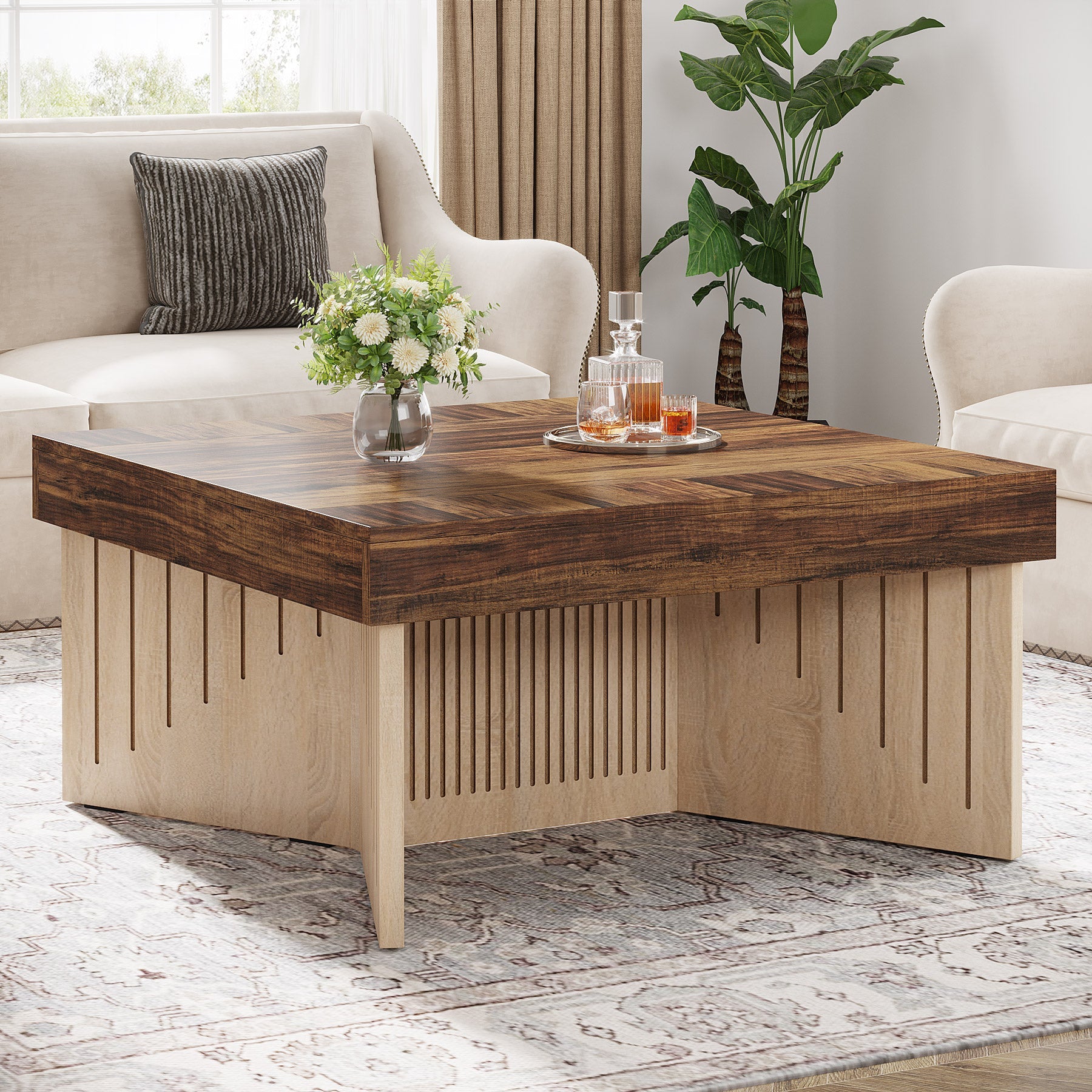 35.4 Coffee Table, Square Wood Center Table with Engraved Lines Design