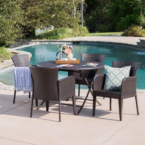 Bram Outdoor 5Piece Round Foldable Wicker Dining Set with Umbrella Hole by Christopher Knight Home