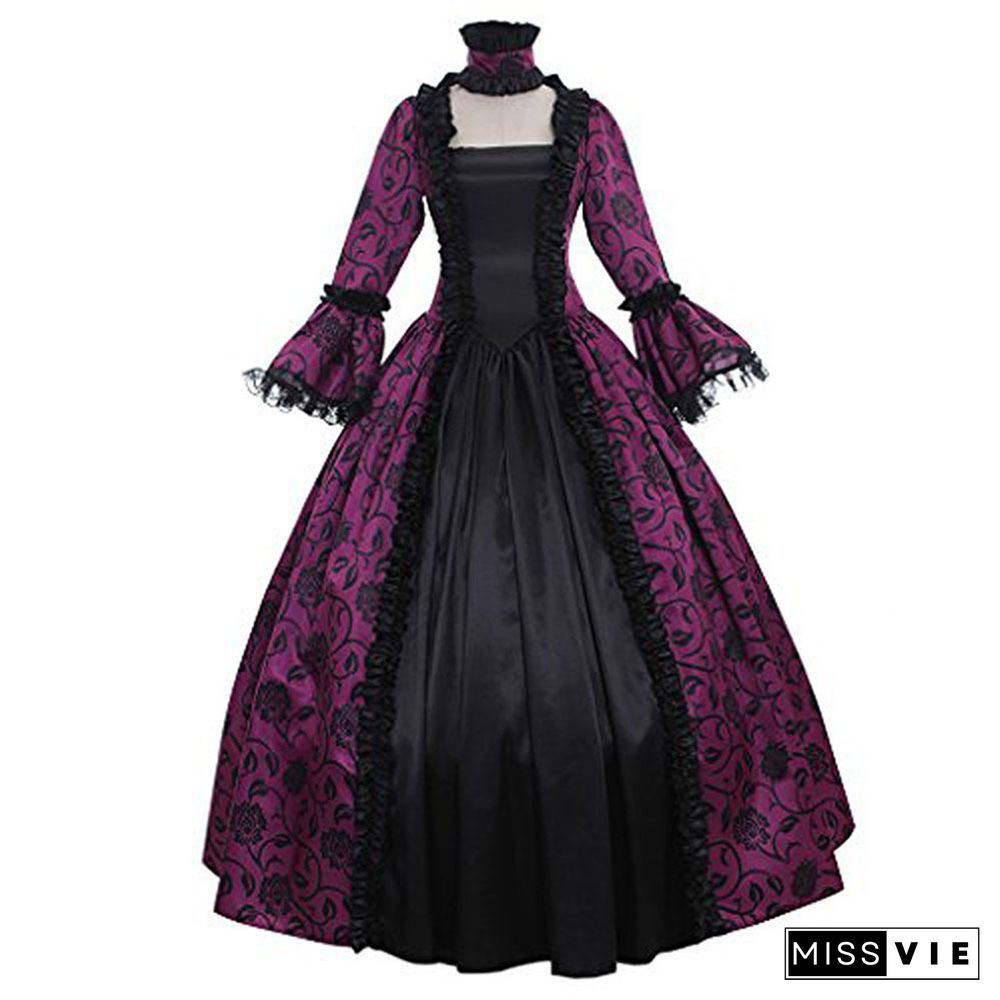 S-5Xl Women's Fashion Vintage Medieval Deep V Neck Lace Maxi Dress No Necklace Lady Floor Length Renaissance Gothic Dress Witch Vampire Cosplay Costume Halloween Party Dress