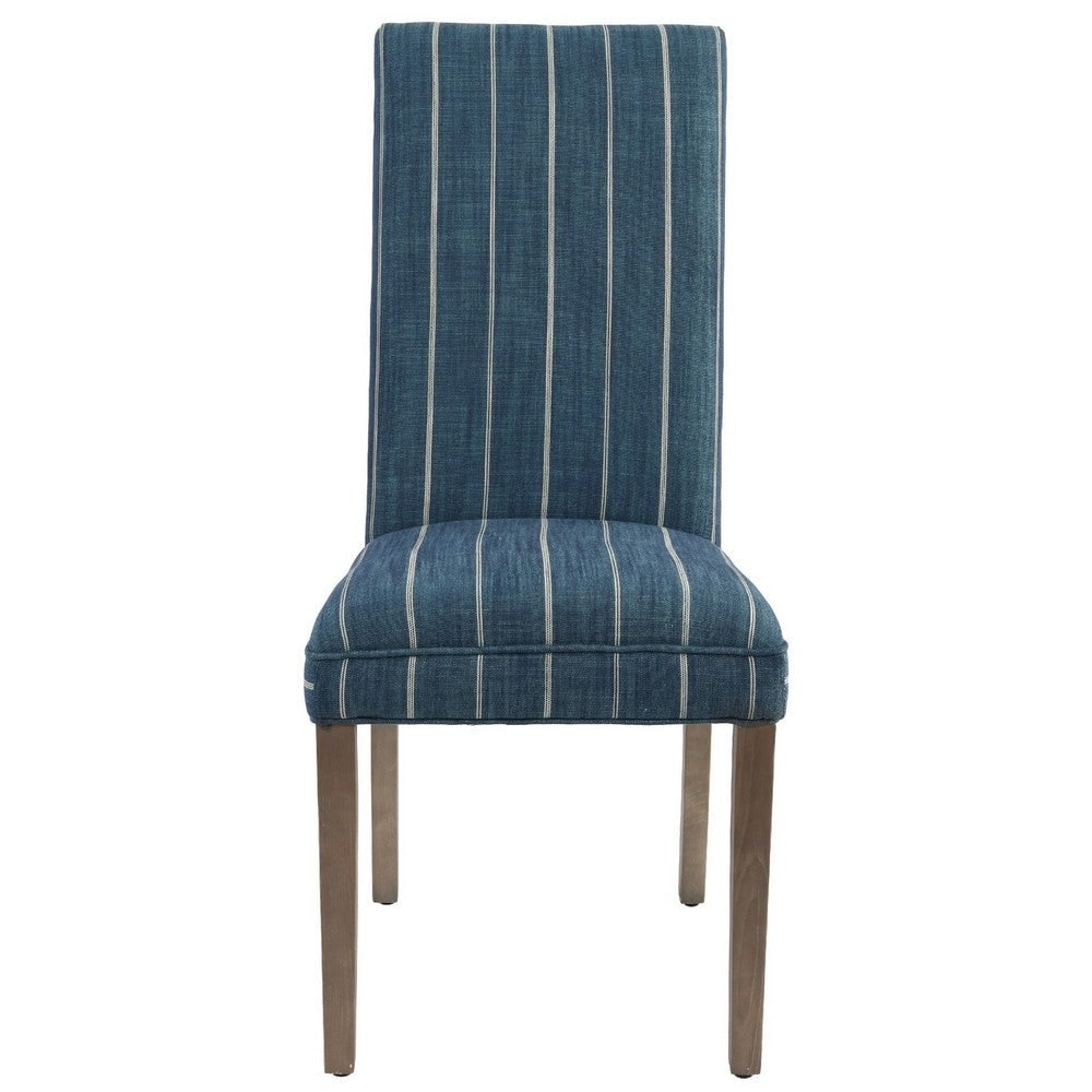 19 Inch Parson Style Dining Chair， Fabric， Stripes， Set of 2， Blue， Brown - 24 L x 19 W x 43 H Inches