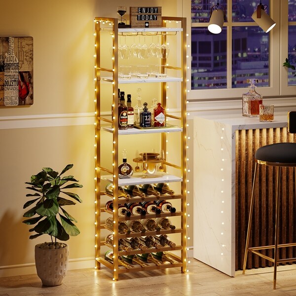 20 Bottle Freestanding Floor Wine Rack， 9 Tier Floor Liquor Cabinet with Glass Holder and Storage Shelves