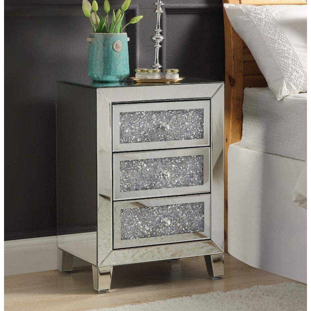 Mirrored Nightstand with 3 Drawers  Mirror Accent Silver Table for Living Room/Bedroom