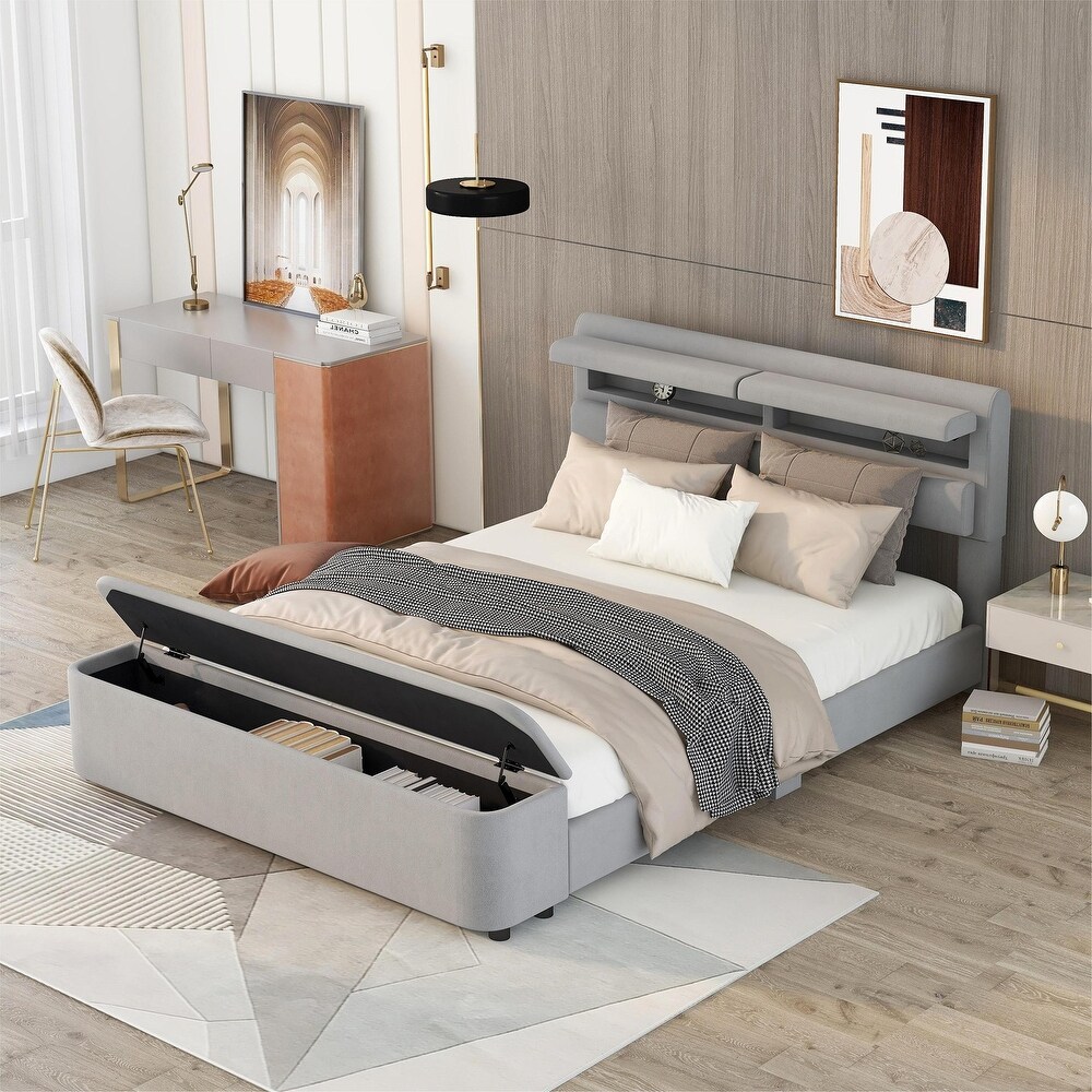 Upholstery Platform Bed with Storage Headboard and Footboard  Support Legs  Solid Wood Bedframe  No Need Spring Box