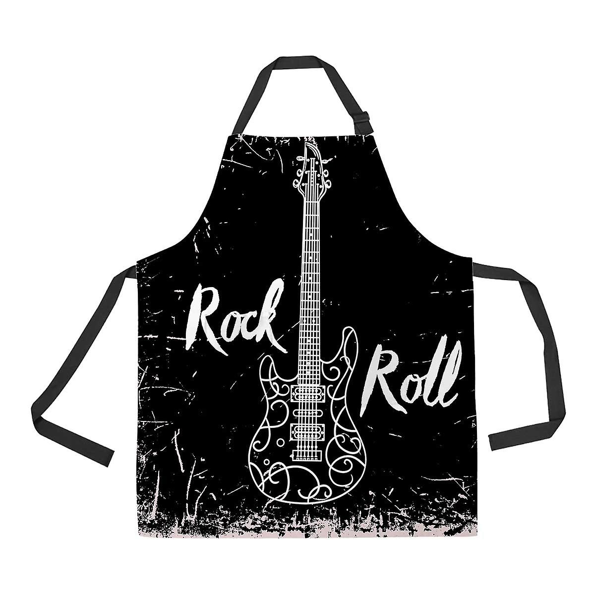 Vintage Electric Guitar Lettering Rock Roll Grunge Unisex Adjustable Bib Apron With Pockets For Commercial Restaurant And Home Kitchen Use