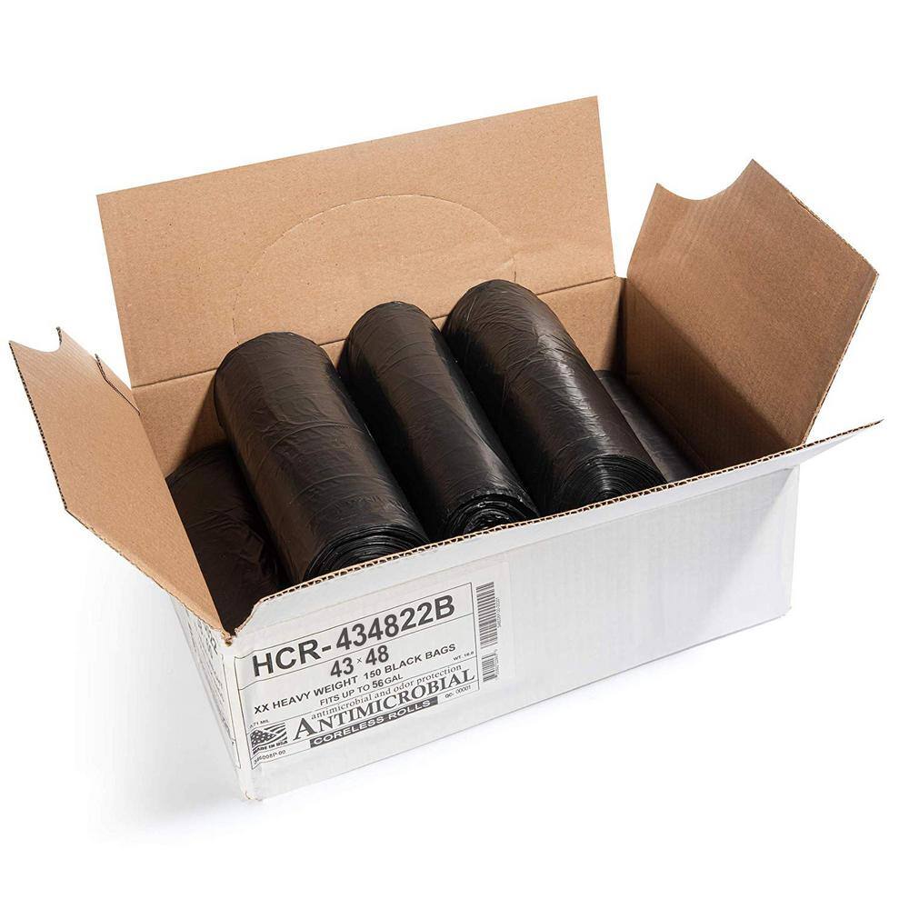 Aluf Plastics 56 Gal. 22 Mic (eq) Black Trash Bags 43 in. x 48 in. Pack of 150 for Janitorial and Industrial HCR-434822B