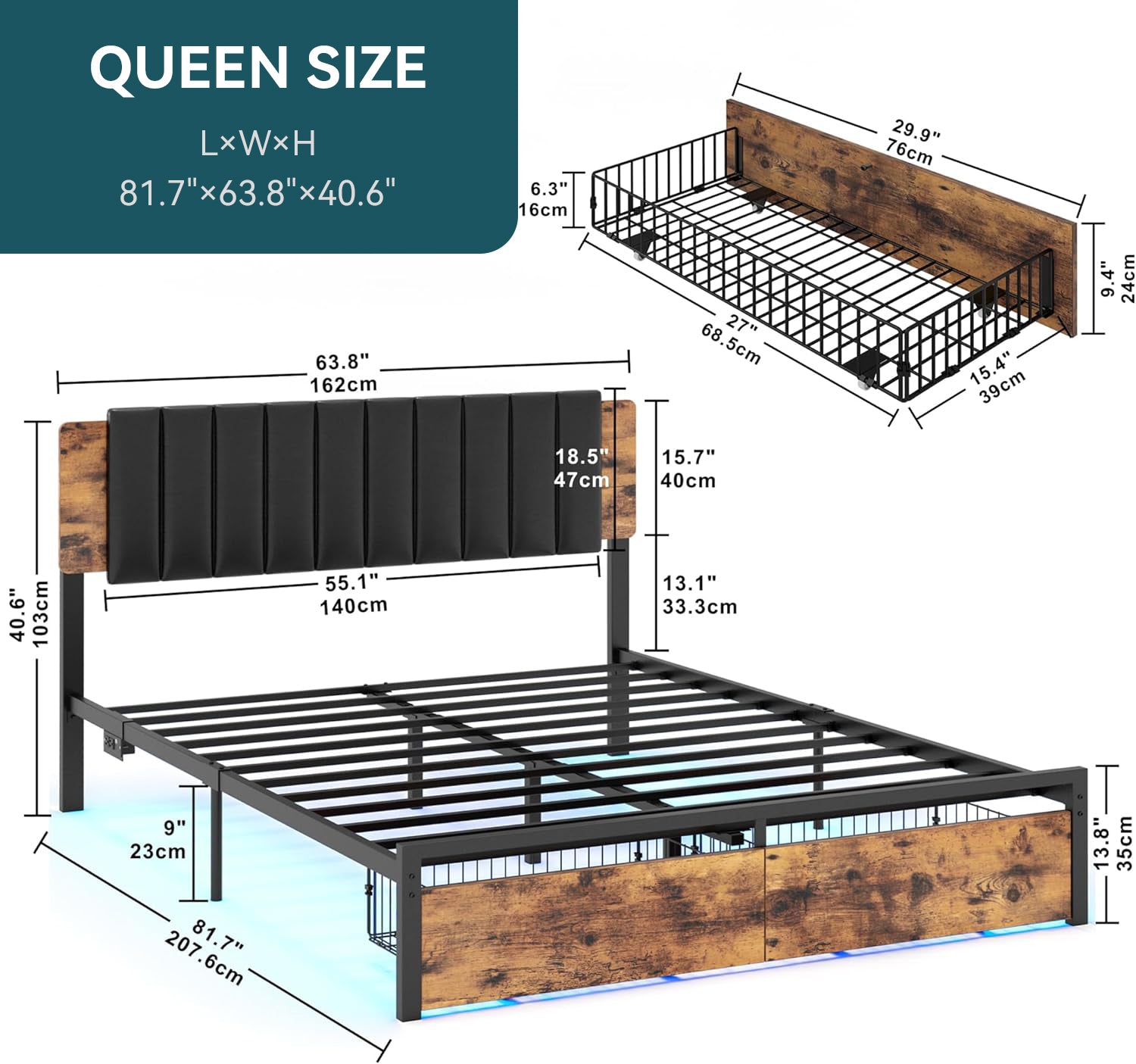 Platform Bed Frame with Removable PU Leather headboard, Charging Station, Drawers